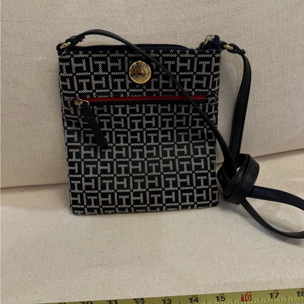 Tommy Hilfiger Black and White Monogram Crossbody with Red Accent